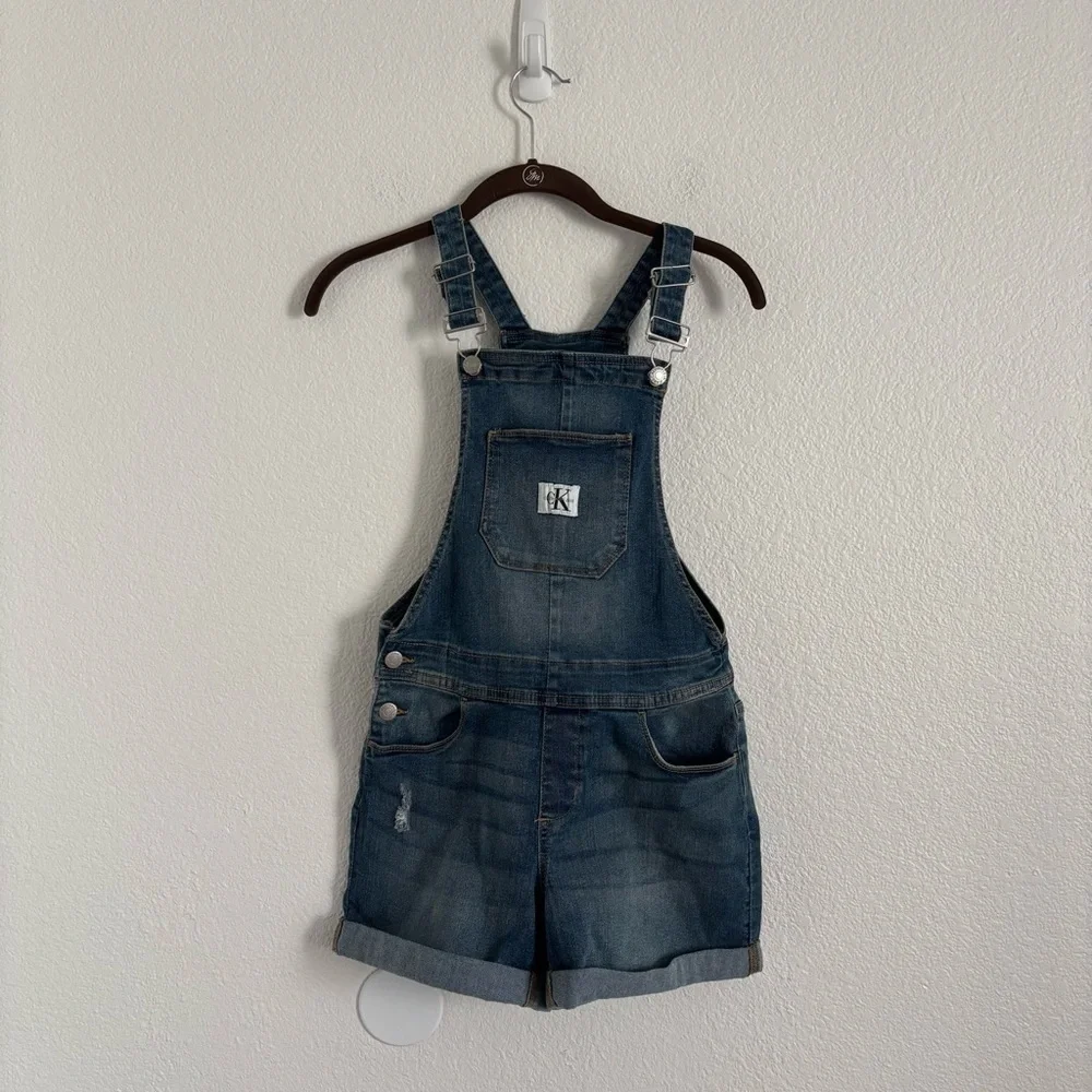 Calvin Klein Jeans Girls Size Medium (8/10) Blue Denim Stretch Shortall Overalls